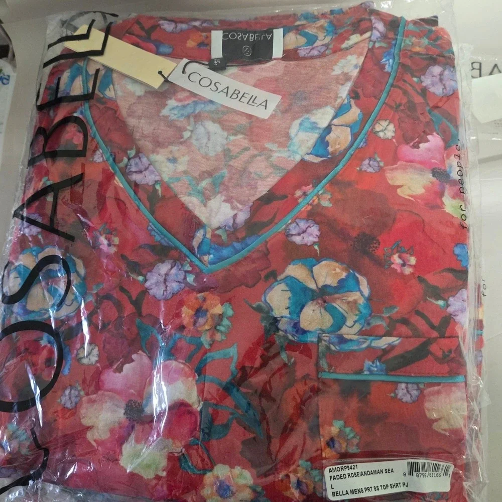 Cosabella Bella Mens Printed SS Top Short PJ Set Faded Rose Andaman Sea Large